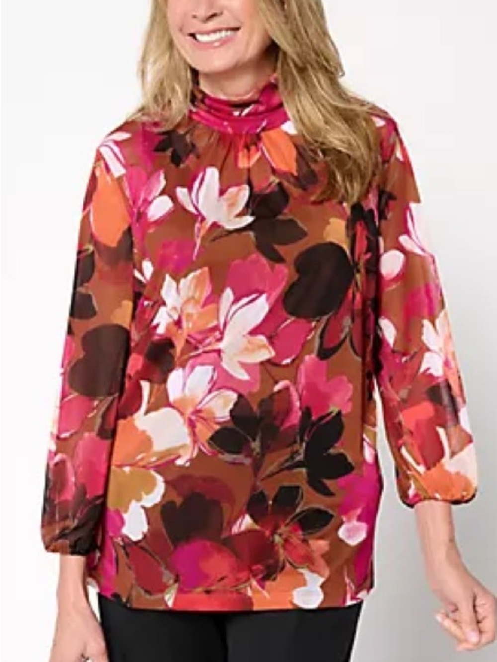 Susan Graver Women L Walnut Berry Printed Sheer Mesh Mock Neck 3/4 Sleeve Top